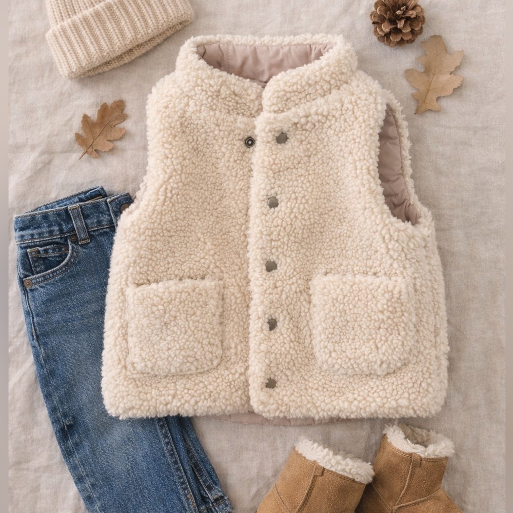 Reversible Sherpa Toddler Vest Cream Teddy Fleece Neutral Minimal Japan Size 80